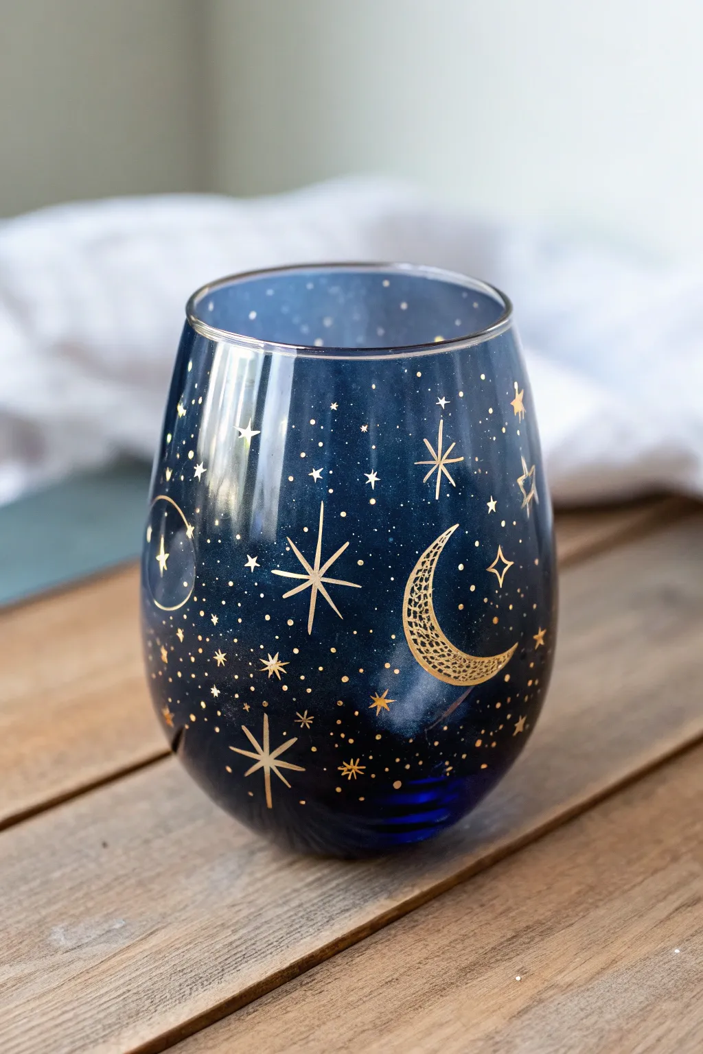 Sip under the stars with this beautifully painted stemless wine glass, where elegance meets creativity.