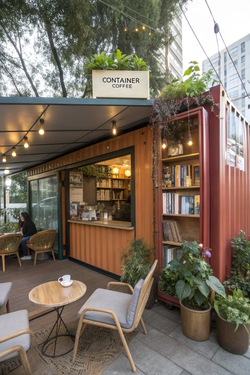 A shipping container serving as a charming neighborhood café.