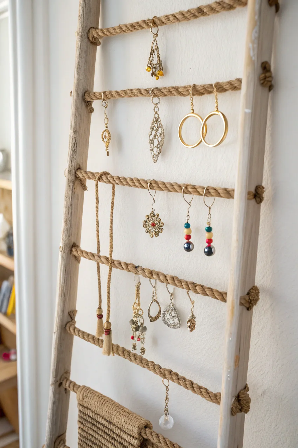 Transform your earring collection into a stunning boho-chic display with this elegant rope ladder idea! 🌿✨