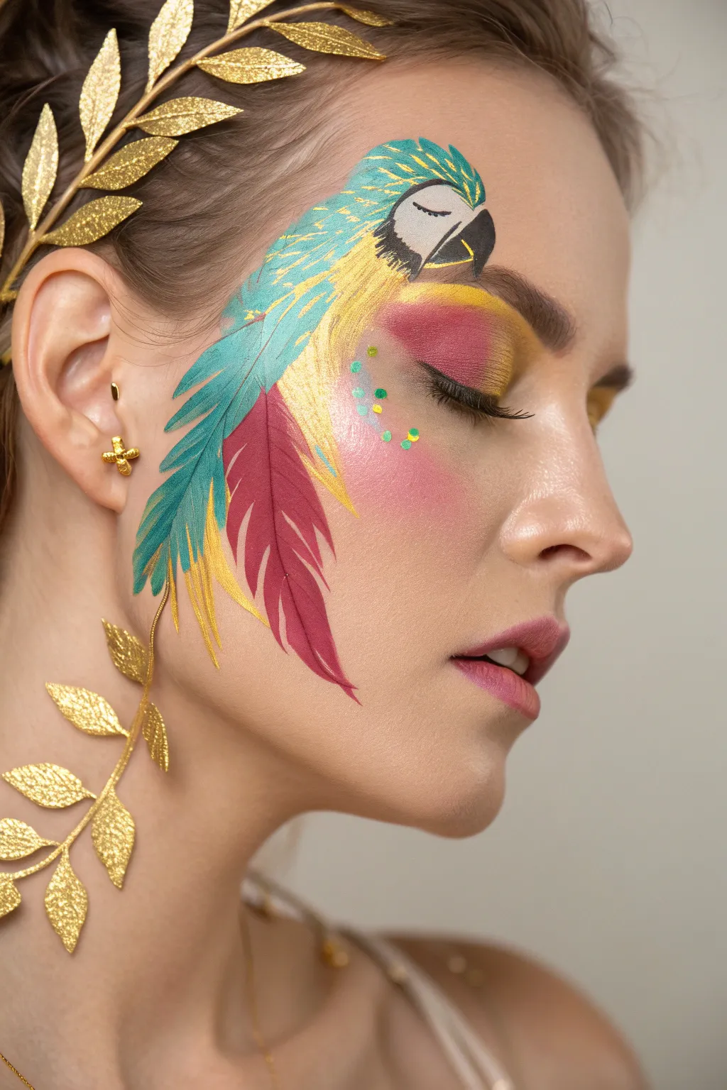 Embrace exotic elegance with a tropical bird face paint design, where vibrant colors meet minimalist beauty.