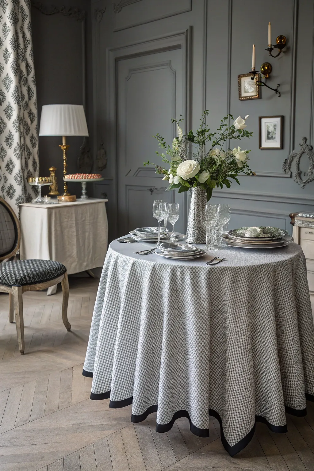 Monochrome table skirts offer a subtle and sophisticated look.