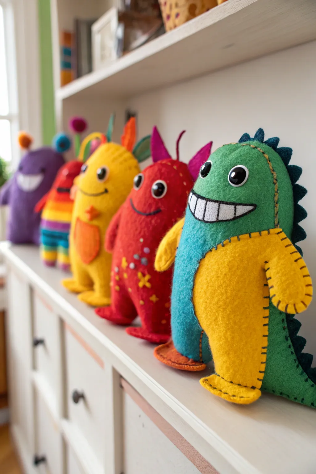 Whimsical handmade felt creatures for a playful touch.