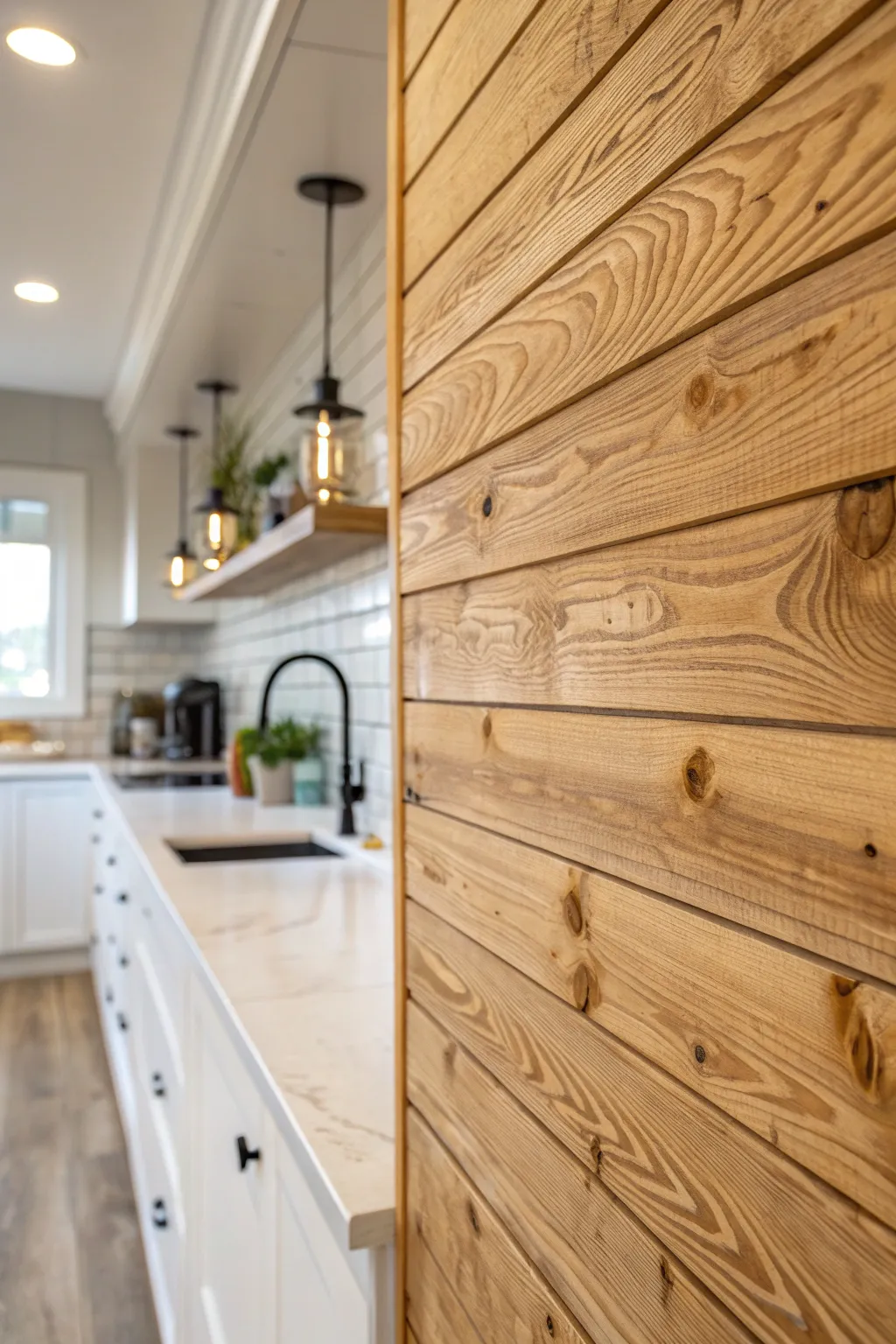 Transform your kitchen with the rustic charm of shiplap panels, effortlessly blending simplicity and warmth.