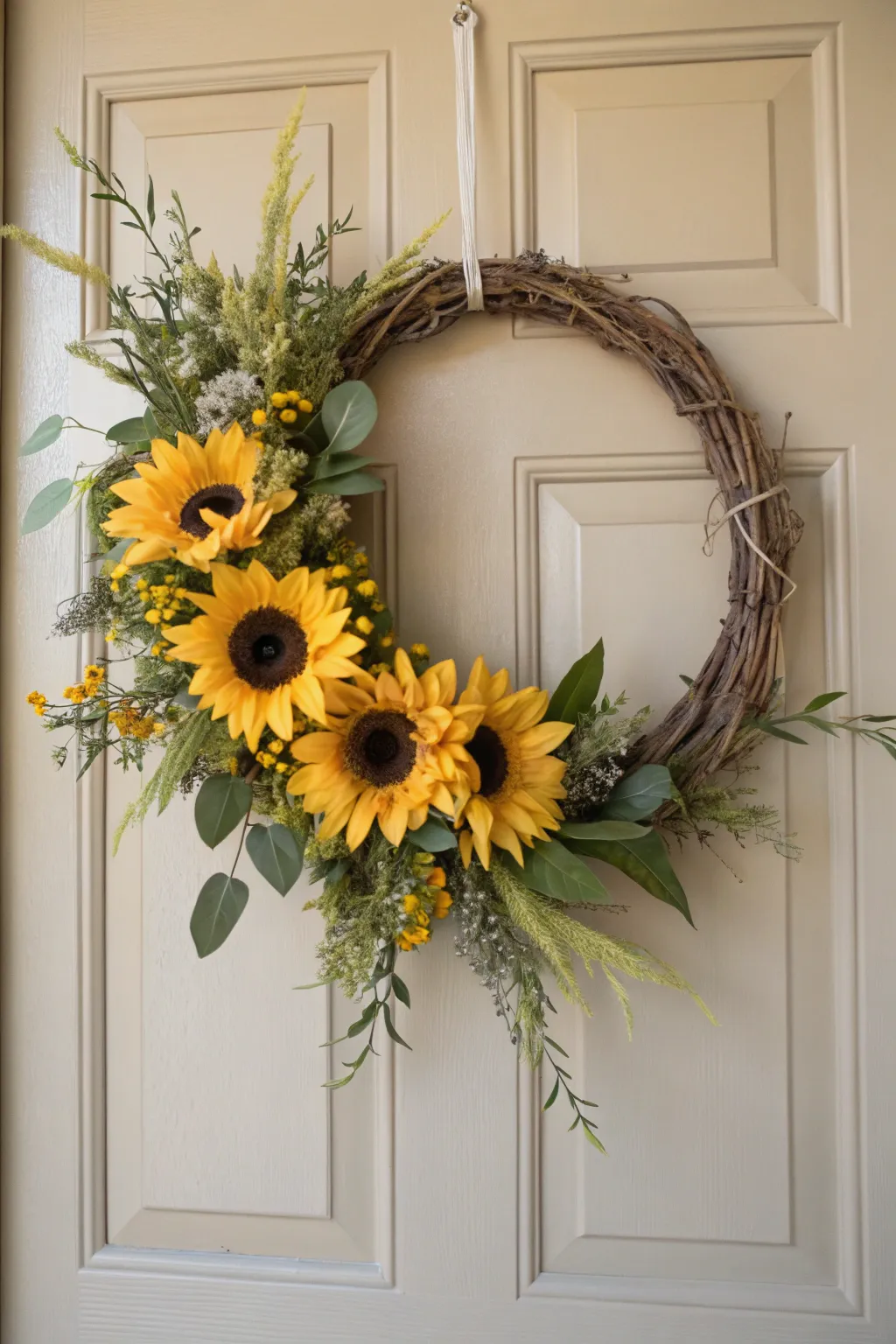 Embrace the warmth of autumn with a sunflower wreath that radiates joy and simplicity.