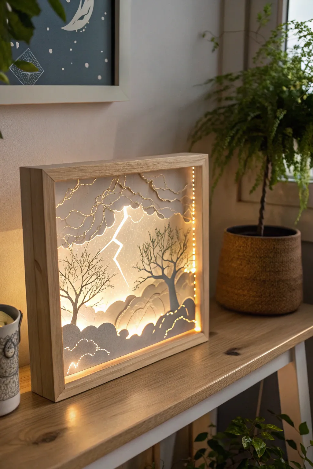 Illuminate your space with the mesmerizing glow of a handcrafted thunderstorm shadow box, where minimalist design meets boho elegance.