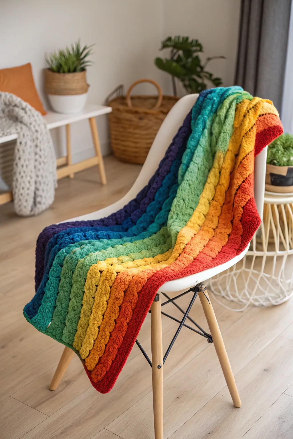 Add a splash of joy to any room with this rainbow-colored tie knot blanket.
