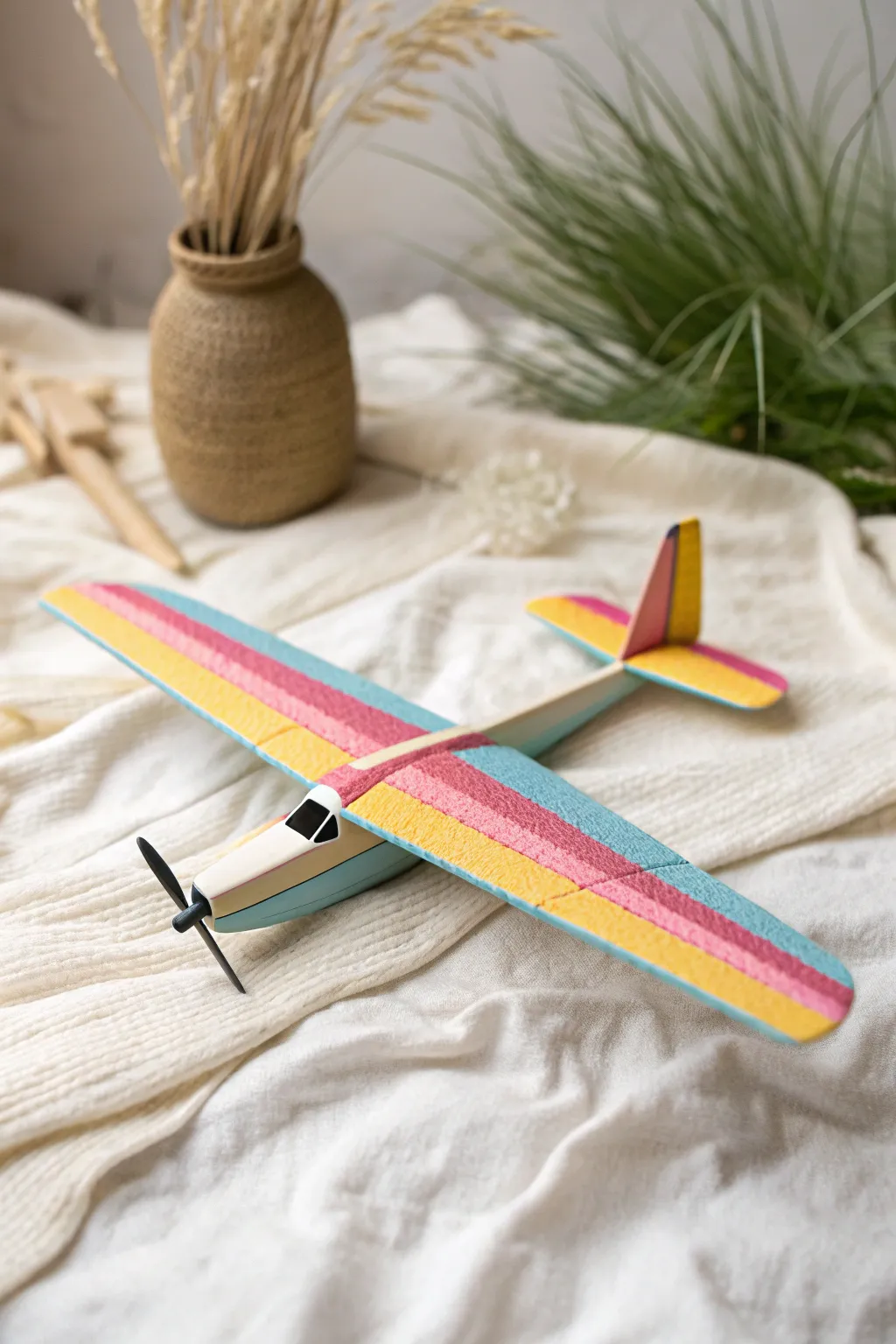 Soaring simplicity: A handcrafted foam sheet airplane ready for adventure.