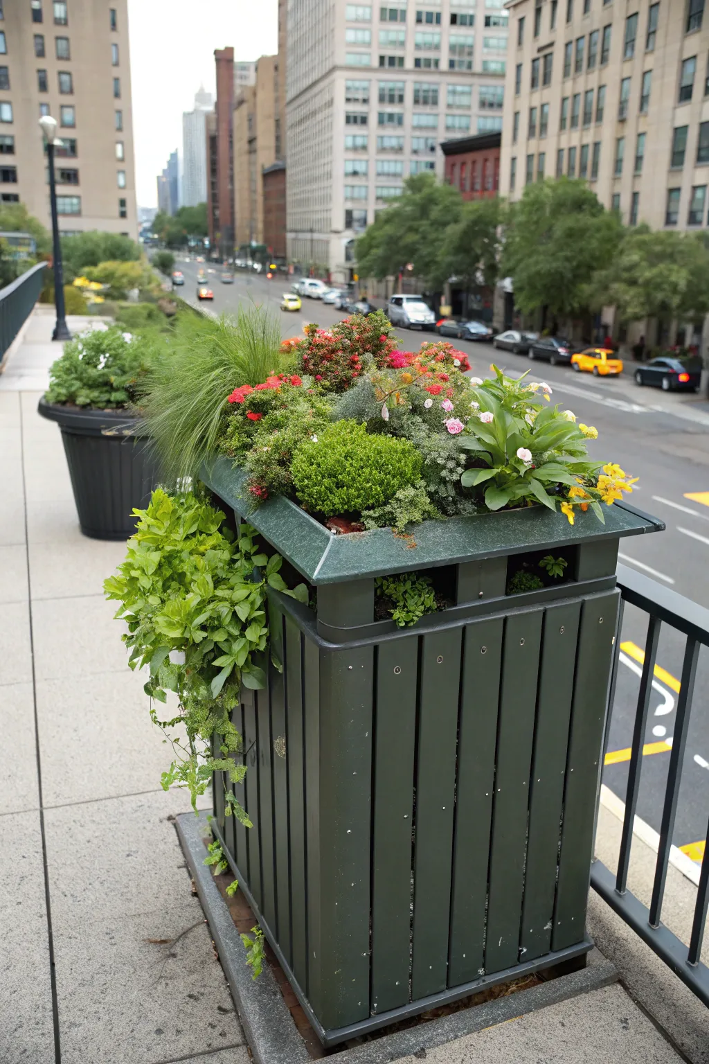 A trash can enclosure featuring a creative roof garden camouflage.