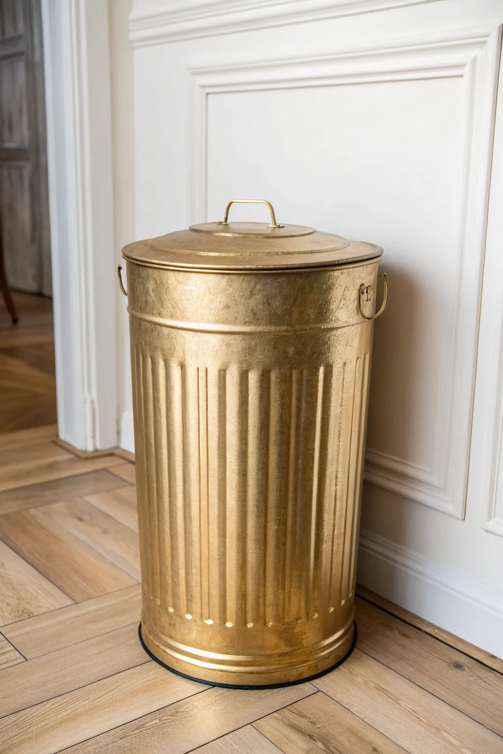 Transform your space with a touch of metallic magic - elegance meets functionality in this chic trash can design.