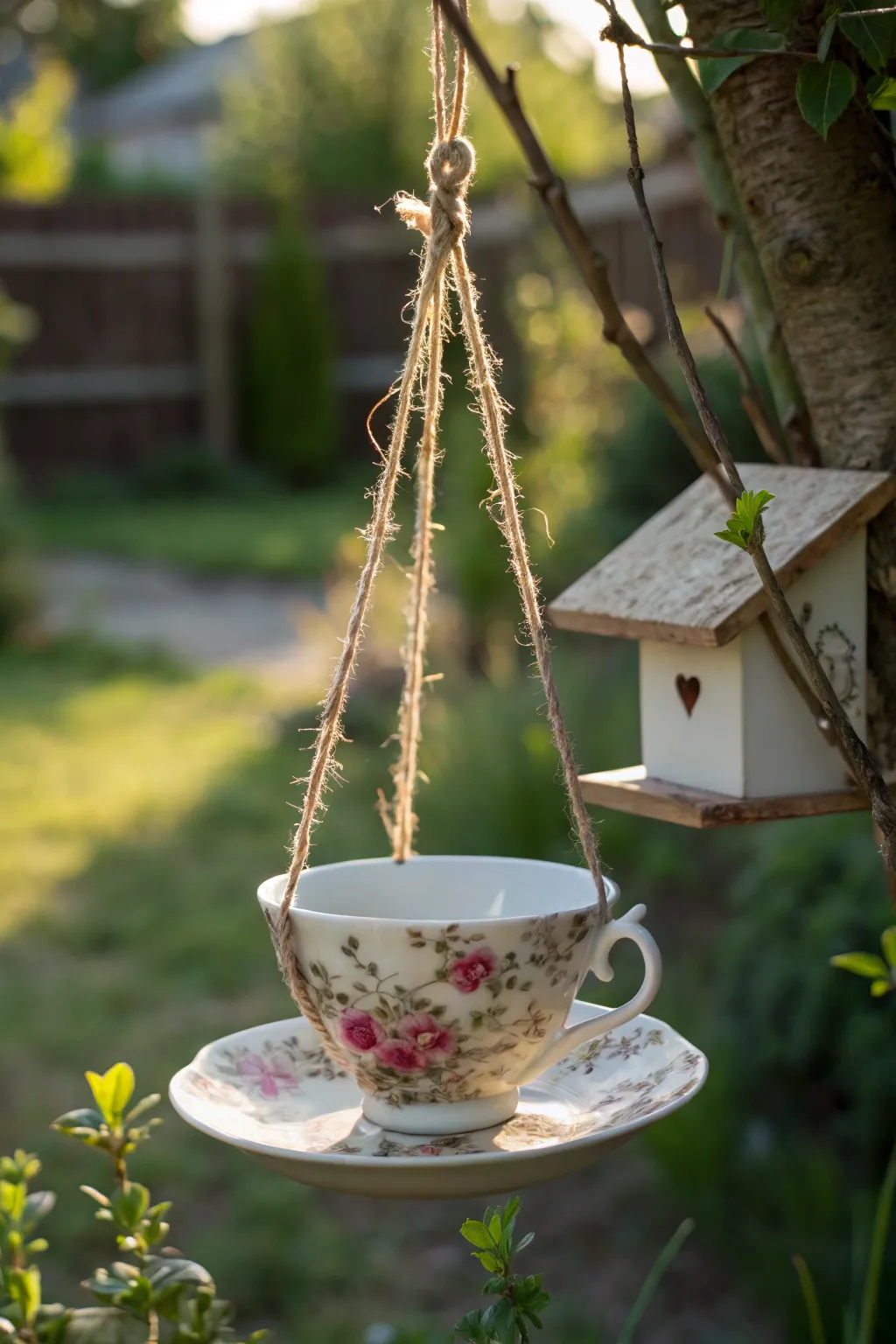 Transforming treasured teacups into charming bird feeders—where simplicity meets nature's elegance.