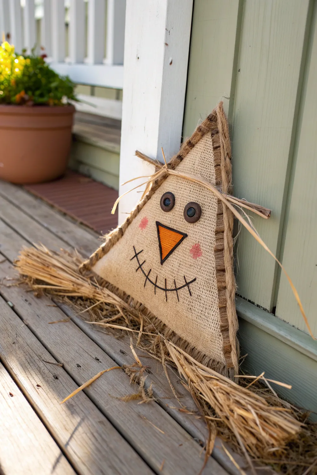 Embrace autumn charm with minimalist triangle scarecrow faces crafted from natural materials.