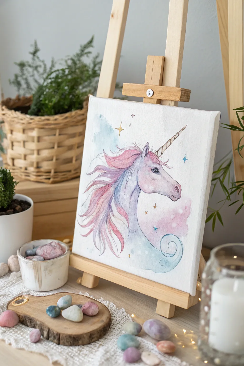 Discover the magic of watercolor with this enchanting unicorn painting, blending simplicity and natural beauty.