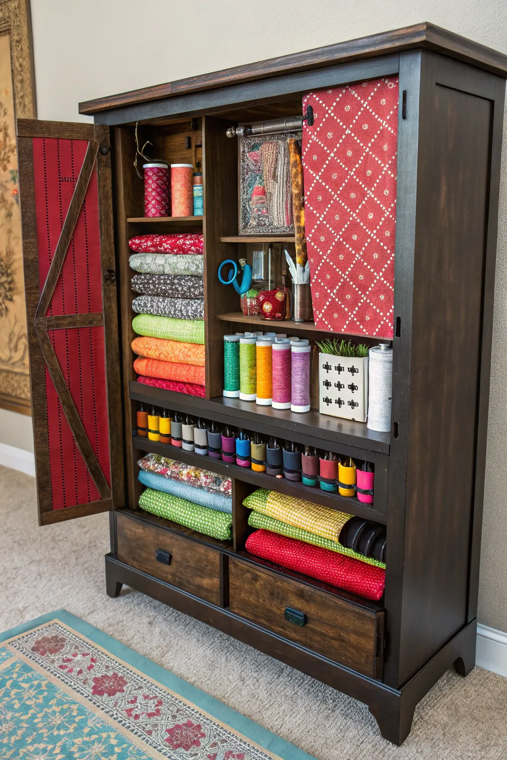 Transform your space with this bold and functional quilting cabinet, where craftsmanship meets creativity.