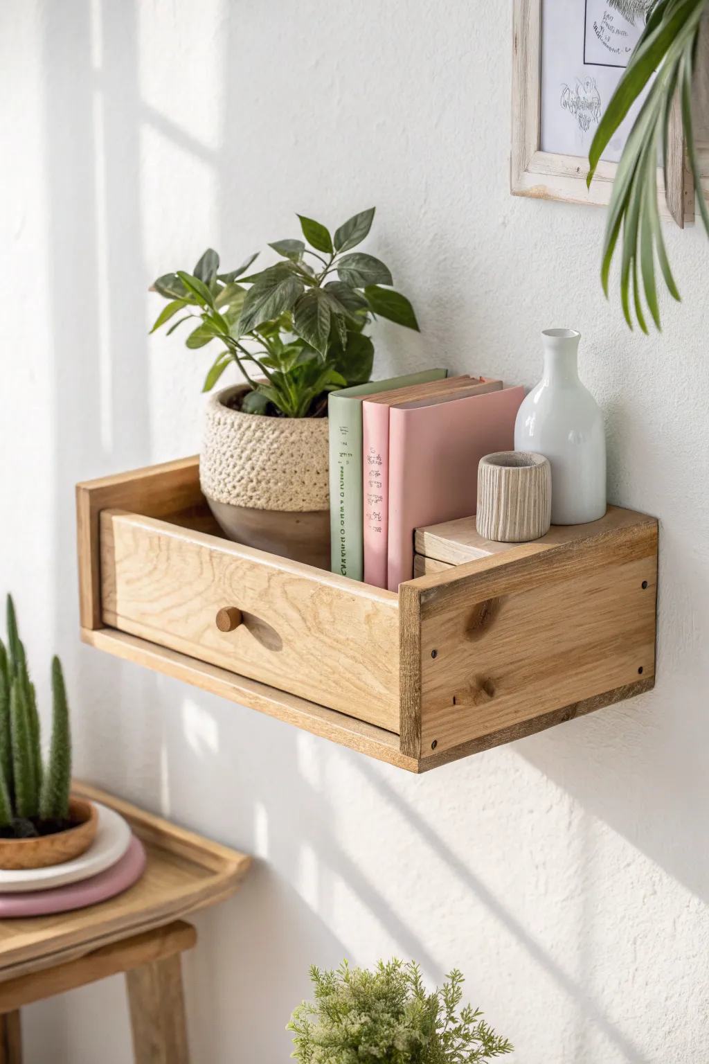 Elevate your space with charming upcycled drawers as floating shelves – a perfect blend of Scandinavian minimalism and Boho flair.