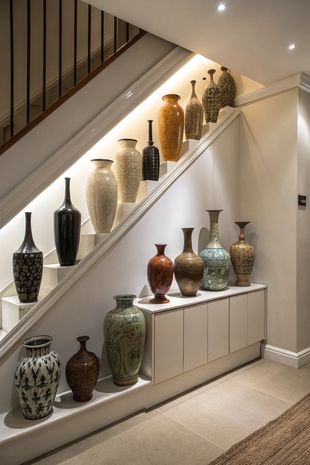 The under-stairs niche offers hidden yet accessible storage for vases.