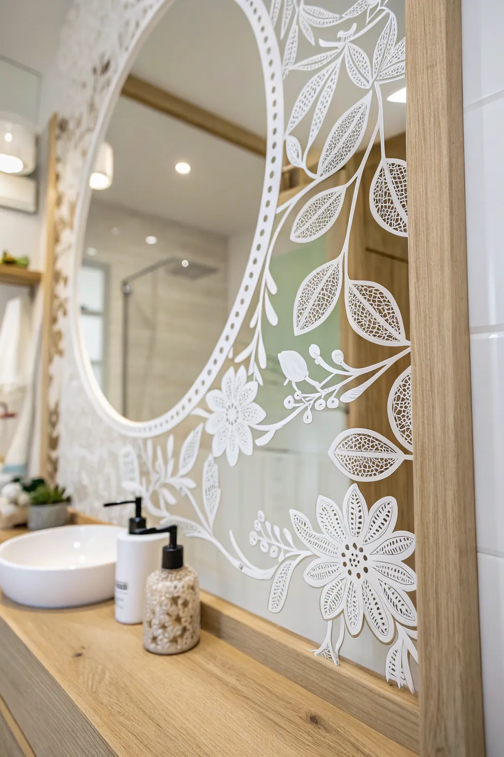 Transform your space with elegant vinyl art on mirrors, adding a touch of natural beauty to your daily routine.