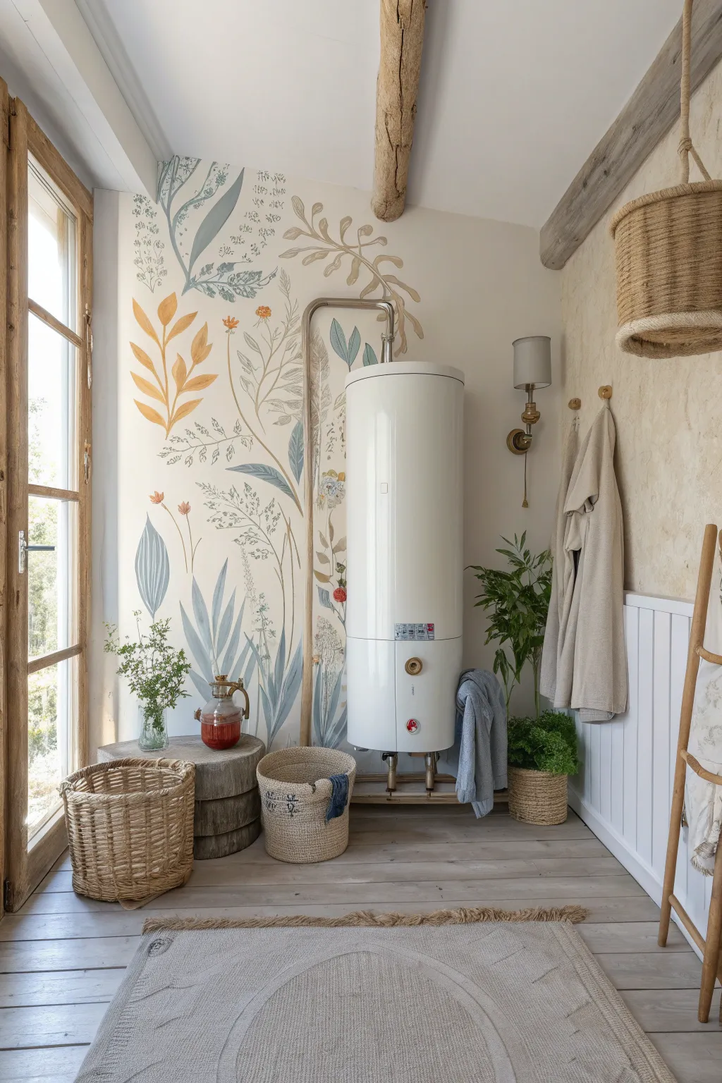 A wall mural adds artistic flair and personality while hiding your water heater.