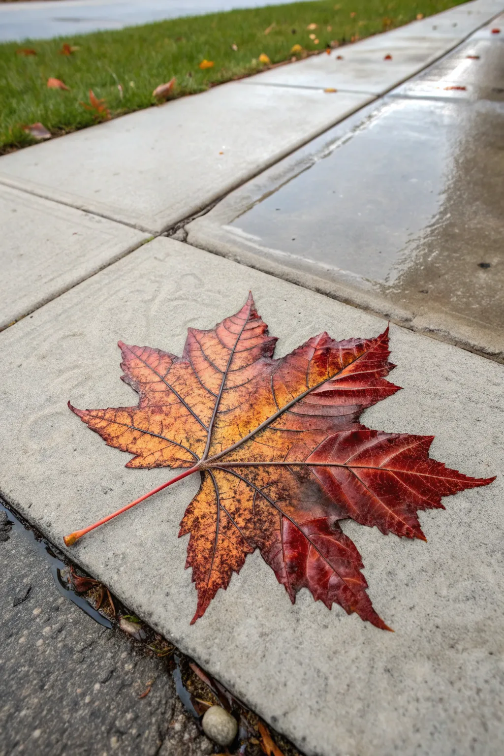 Crafting Autumn: Embrace the season with a bold maple leaf imprint in vibrant wet cement.
