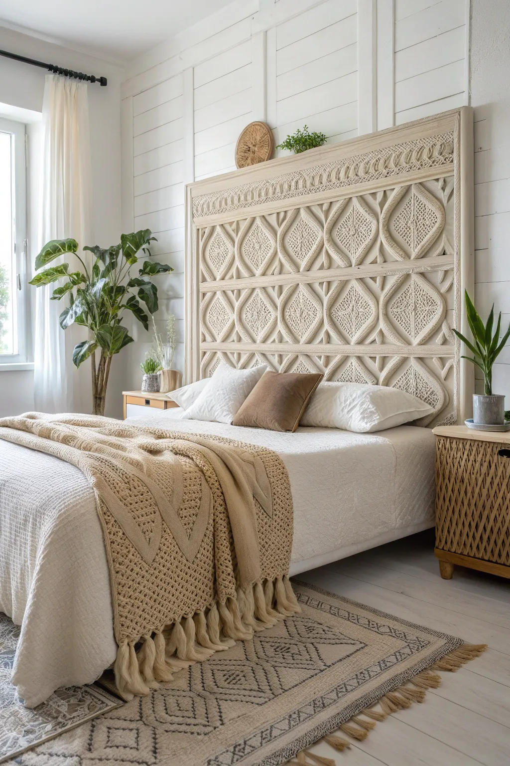 Transform your bedroom with a cozy carpet-wrapped headboard, where minimalist design meets boho warmth.