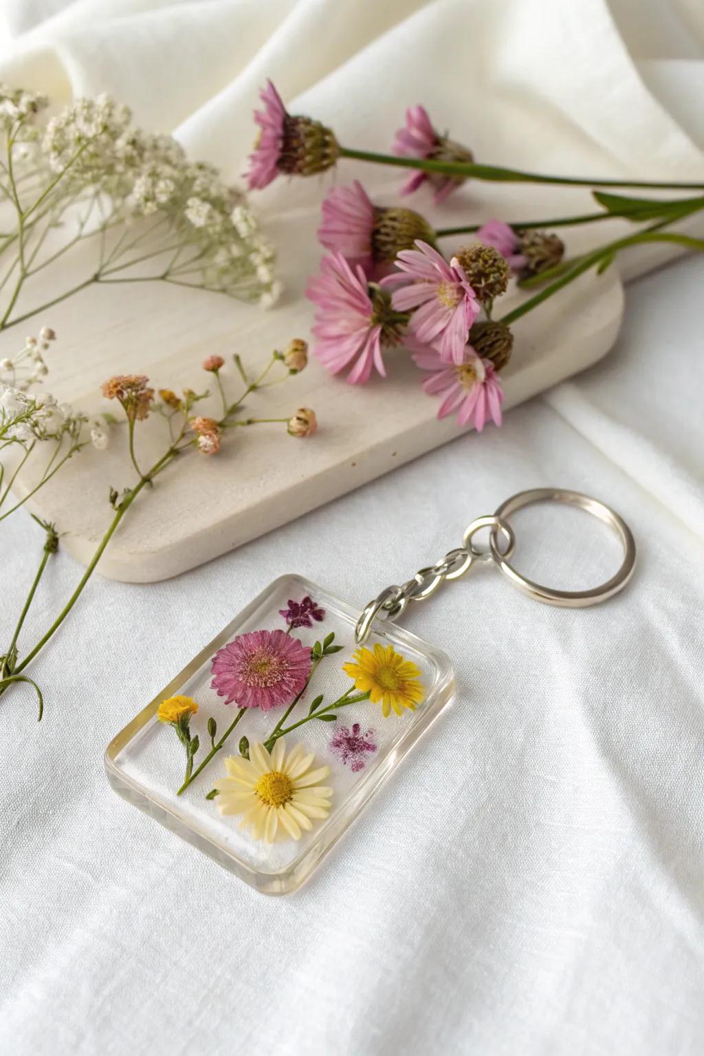 Carry nature's elegance with you: a beautifully crafted pressed flower resin keychain.