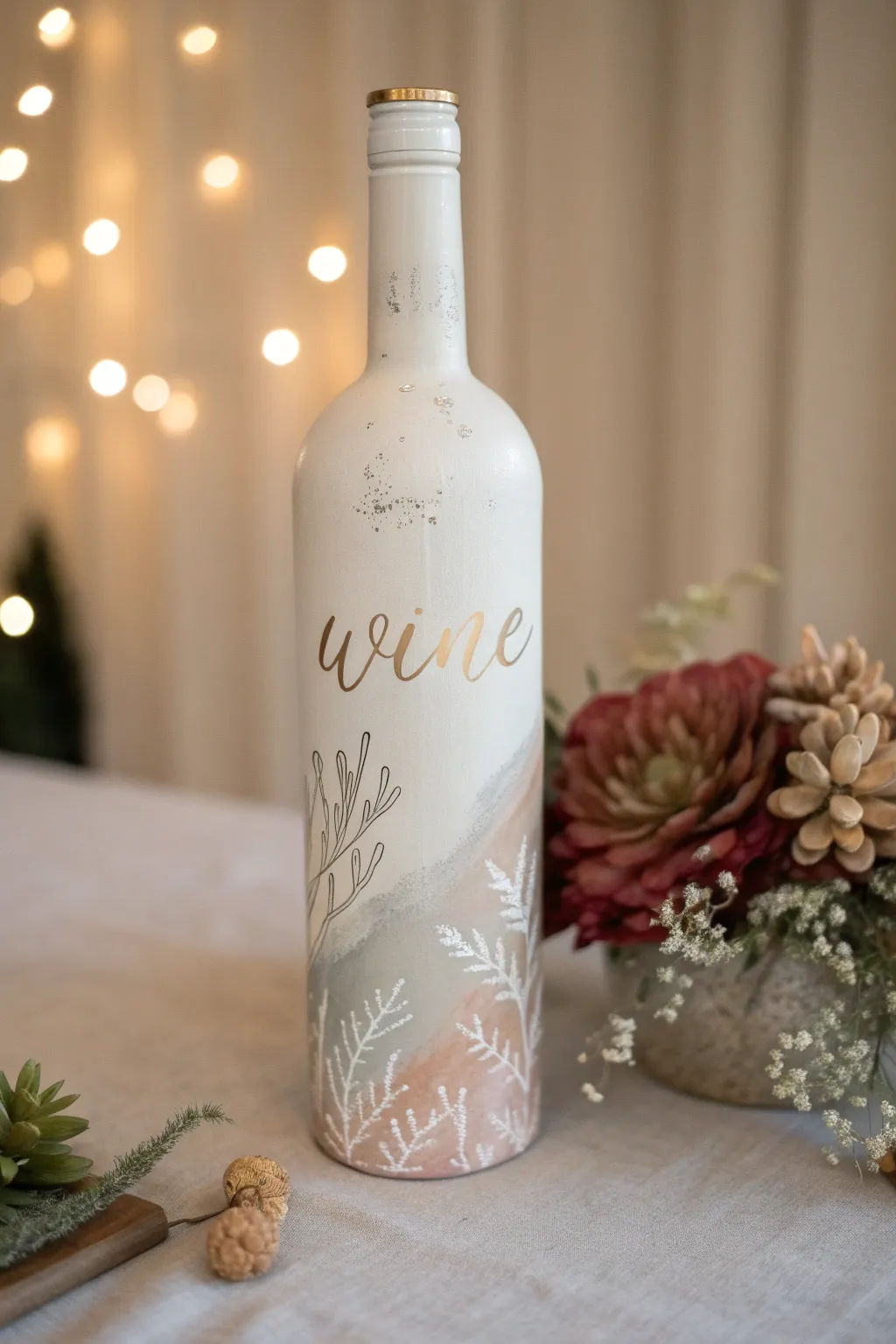 Add a personal touch to your decor with a beautifully painted wine bottle and heartfelt message.
