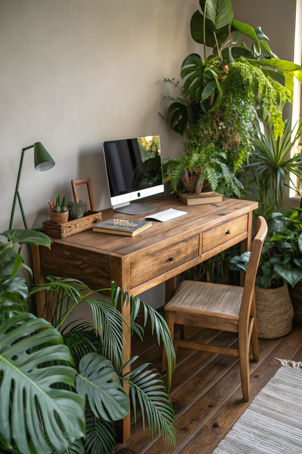 Create your personal oasis with a natural wood desk, where craftsmanship meets the calming embrace of nature.