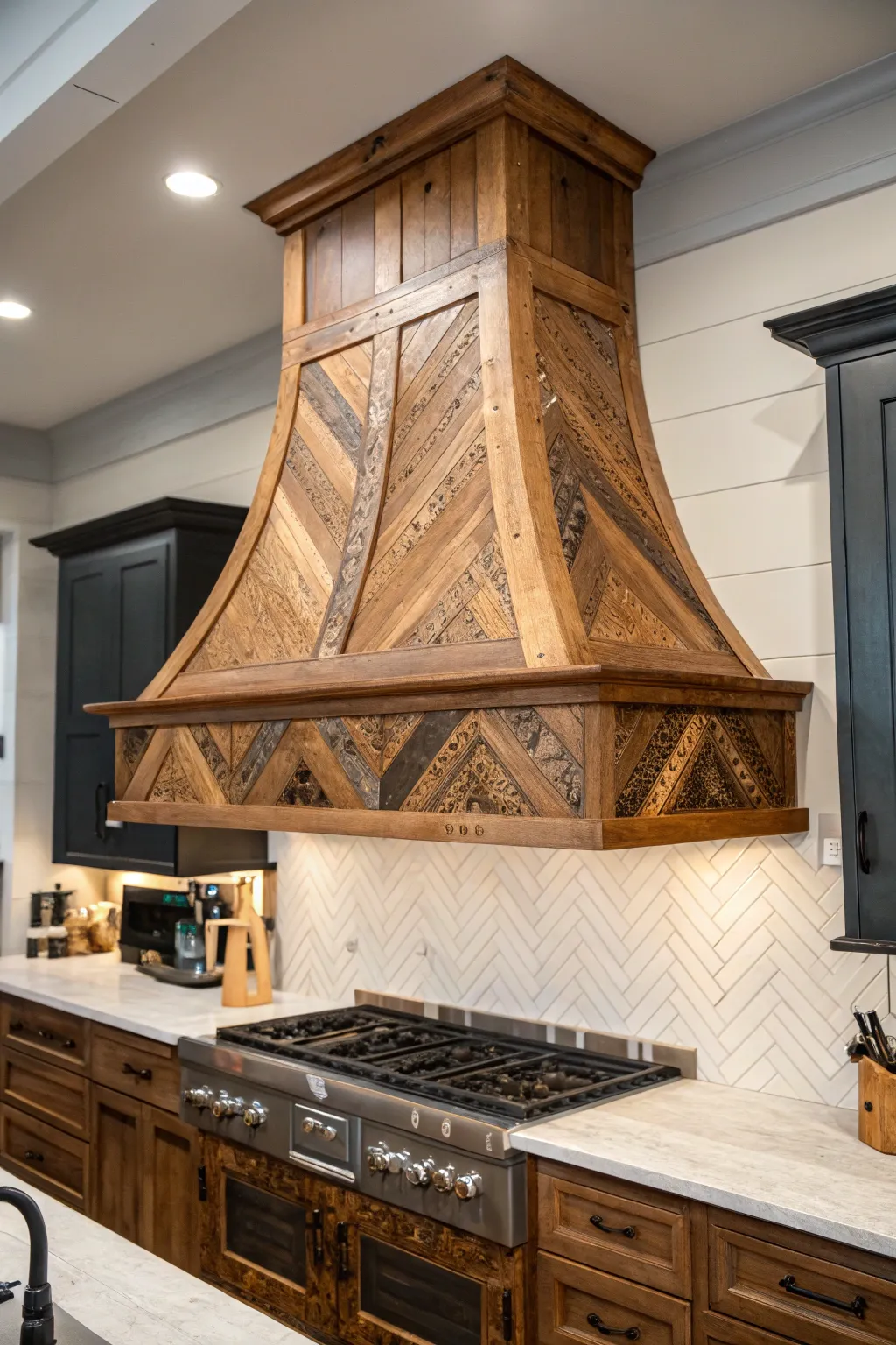 Elevate your kitchen with the rustic charm of a reclaimed wood hood, where craftsmanship meets bold design.