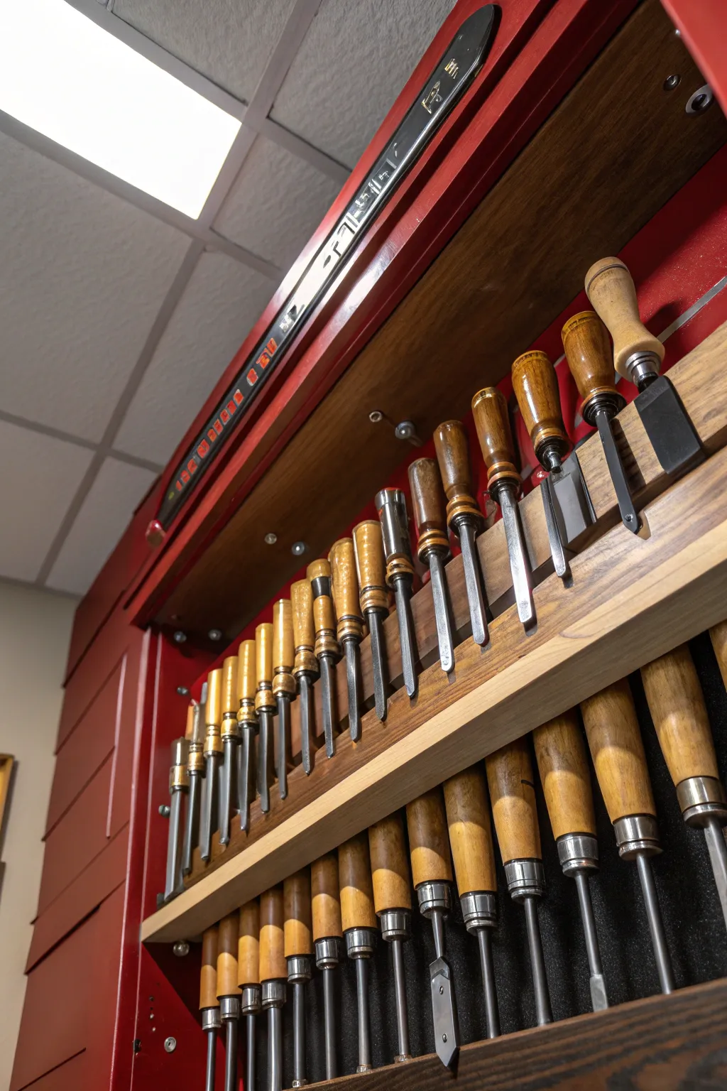 Elevate your workshop's style with ceiling-mounted tool storage—where functionality meets craftsmanship.