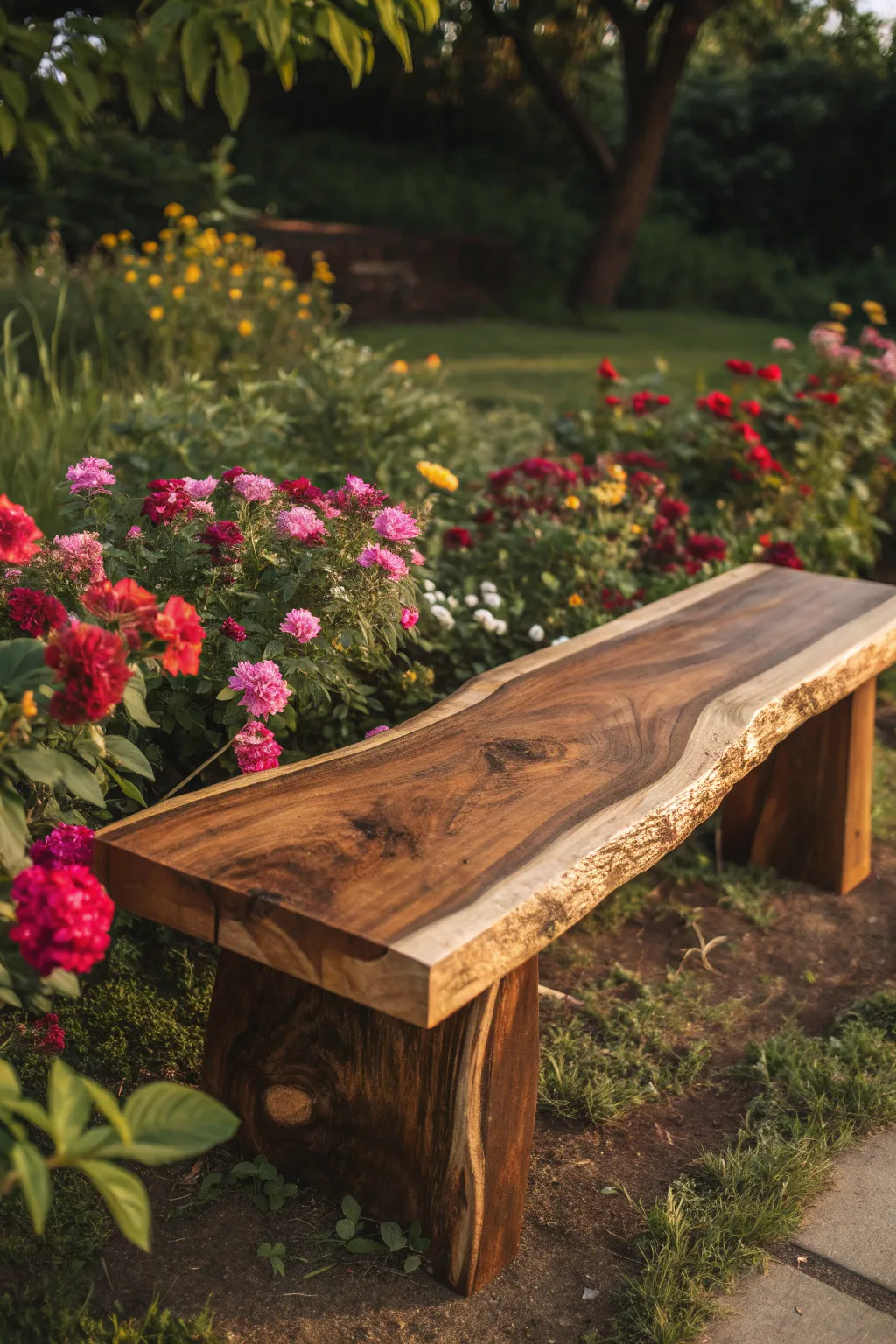 Crafted Comfort: A Wood Slab Bench for Your Garden Retreat