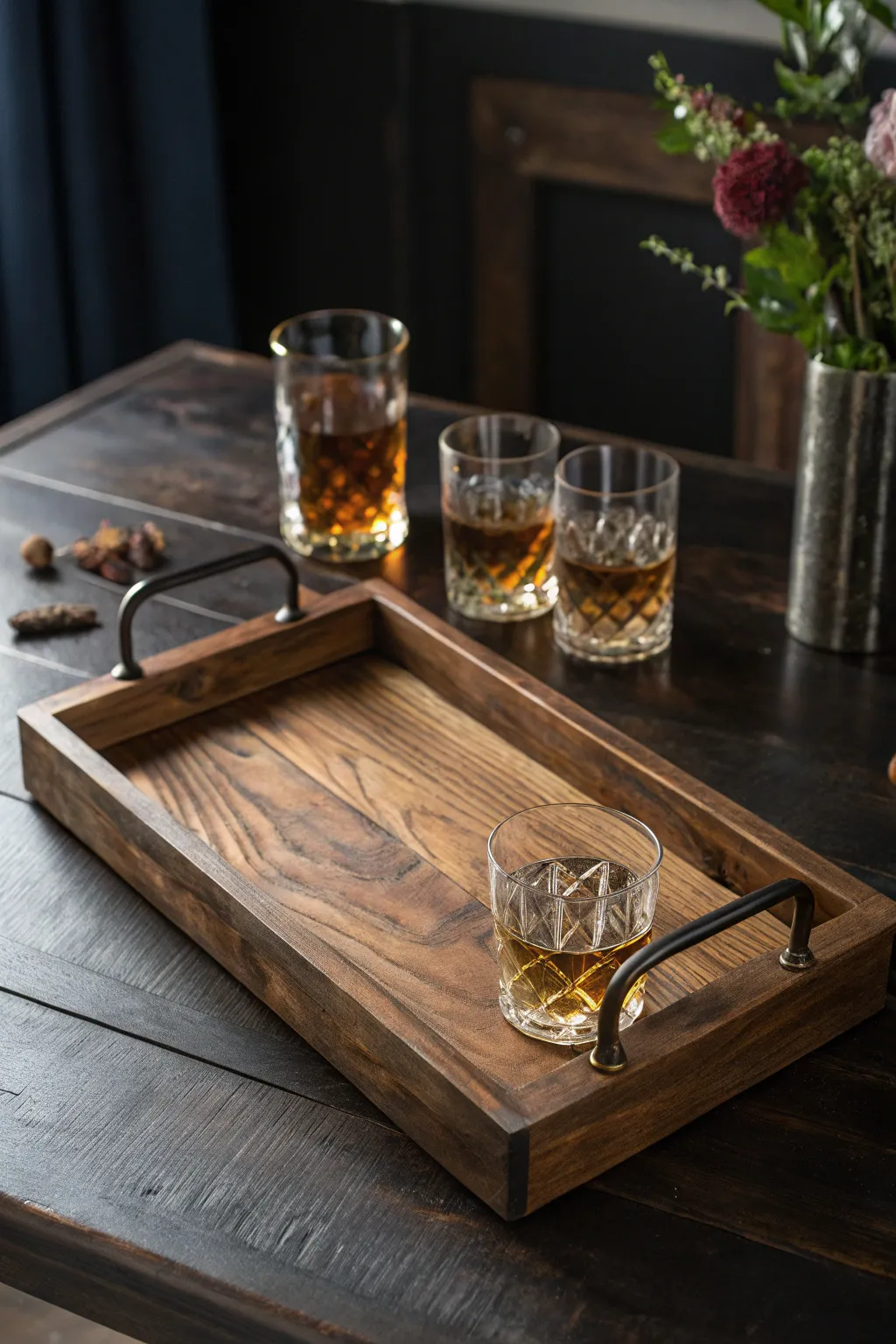 Elevate your hosting game with this stunning rustic wooden serving tray, a masterpiece of craftsmanship.