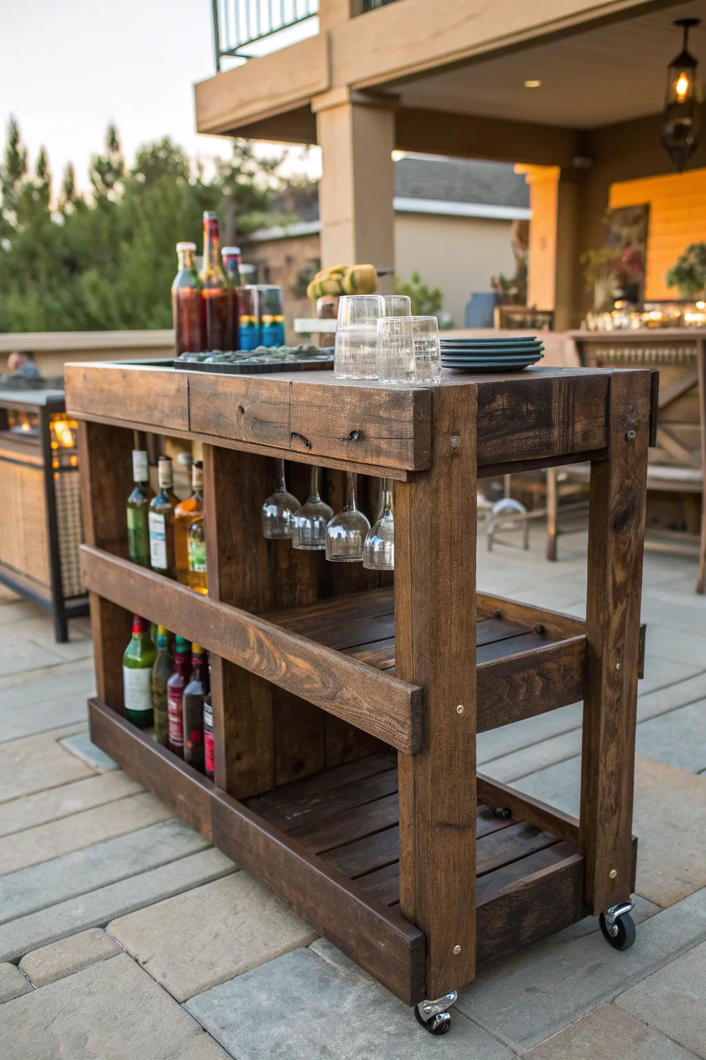 Elevate your outdoor entertaining with this stunning handcrafted pallet bar cart.