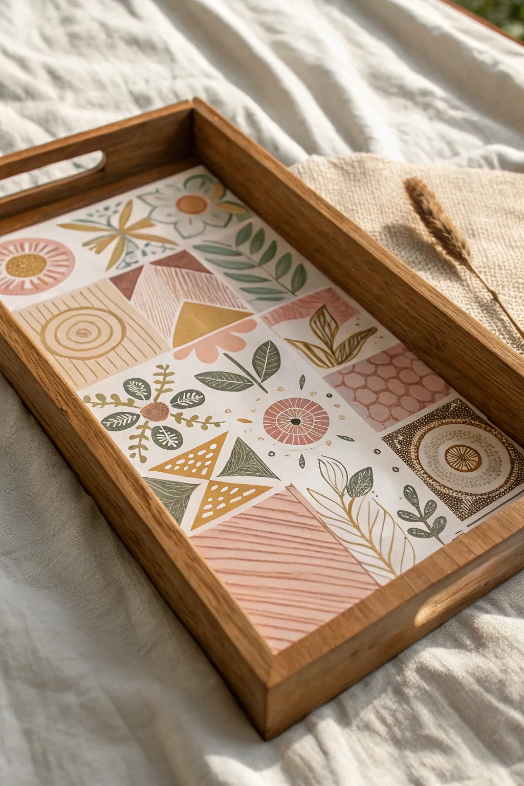Discover the charm of eclectic patterns on a handcrafted wooden tray — where simplicity meets artistic flair.