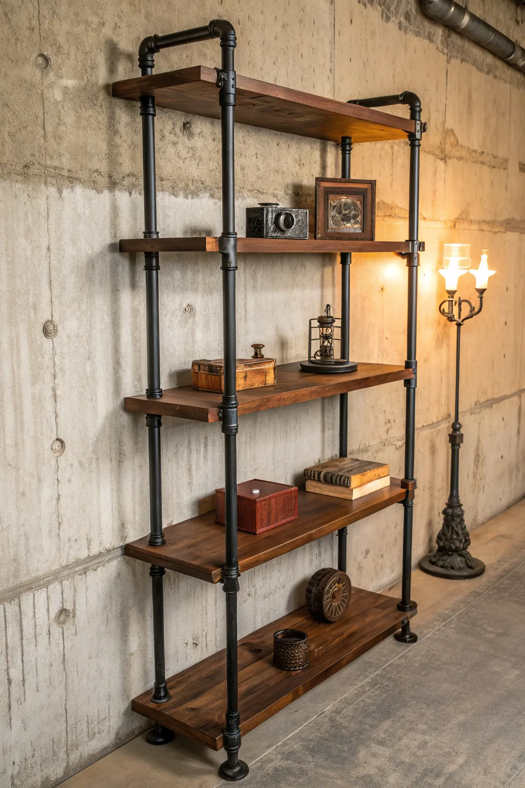 Elevate your workshop with industrial chic: bold pipe shelving that's both functional and stylish.