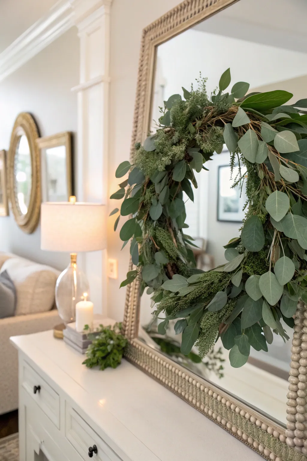 Eucalyptus leaves add a fresh, elegant touch to a mirror wreath.