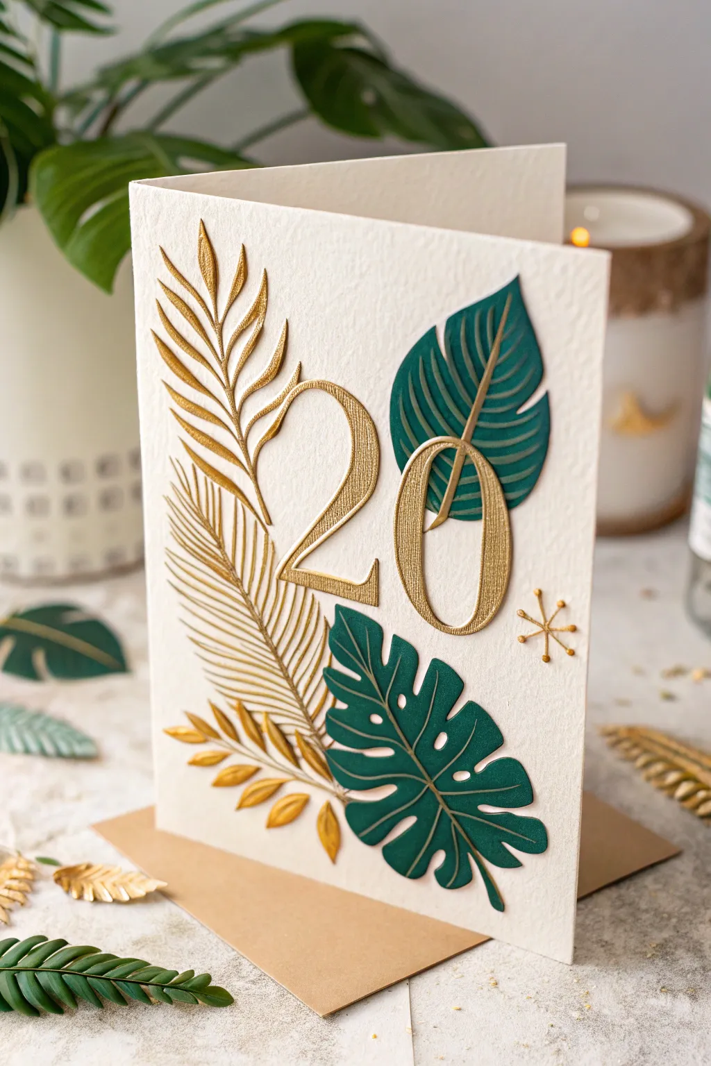 Celebrate a milestone with nature's elegance - a handcrafted 20th birthday card adorned with lush leaf motifs.