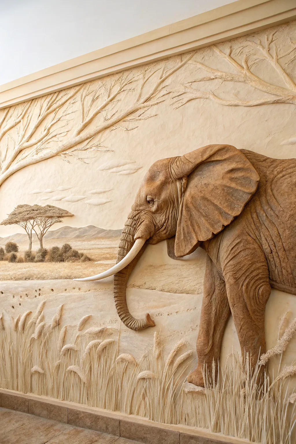 Bring the spirit of the savannah into your home with this stunning 3D clay mural of an elephant, perfect for a minimalist space with a touch of boho charm.