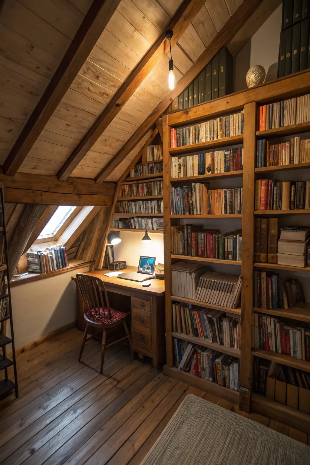 A functional attic with a mini library and study area.