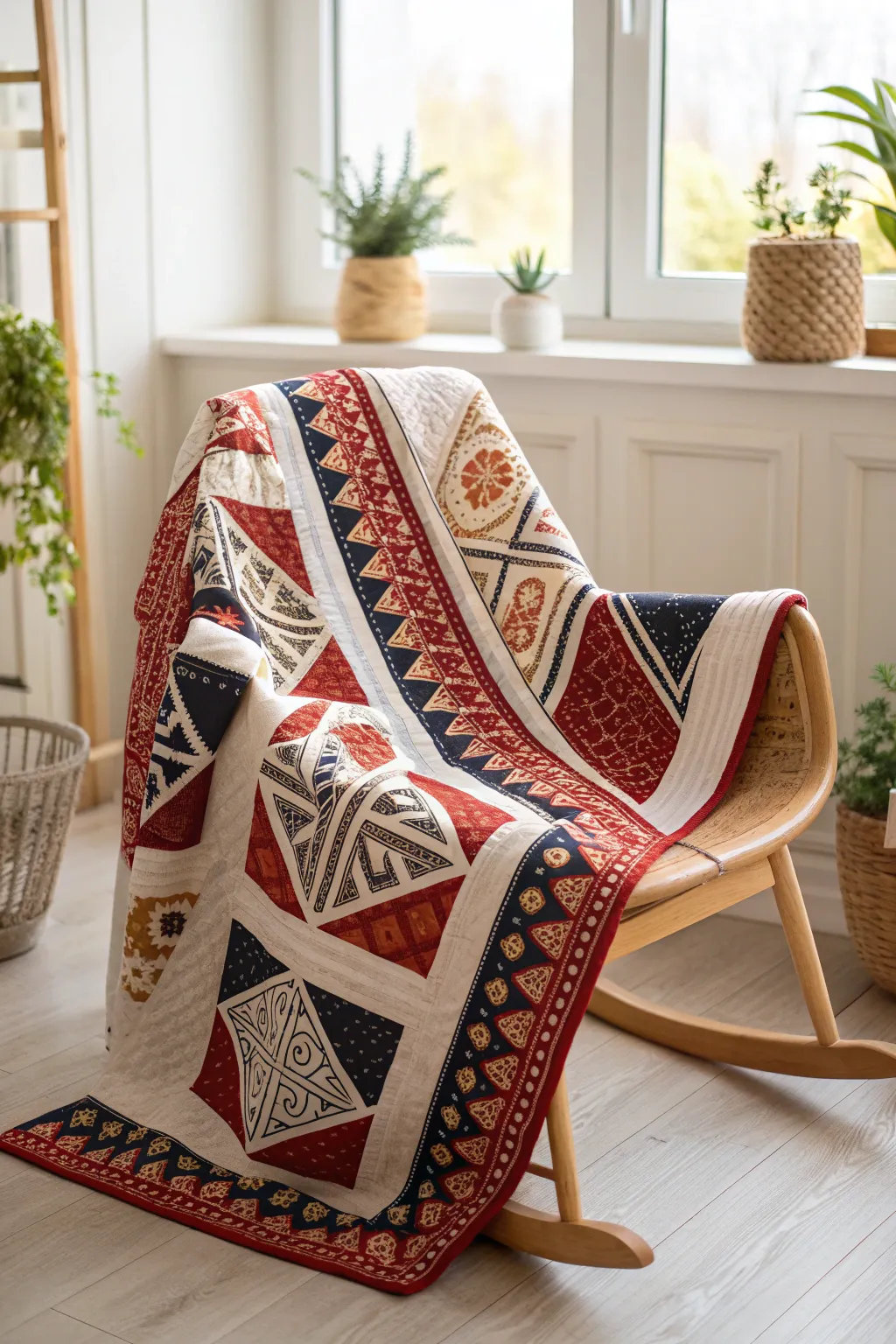 Embrace the beauty of storytelling through vibrant cultural patterns in your baby's quilt.