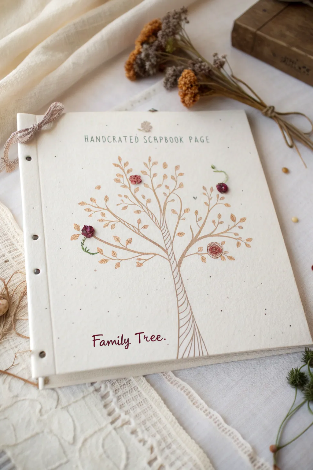 Celebrate family bonds with a beautifully crafted family tree scrapbook page, perfectly blending minimalist elegance with a touch of boho charm.