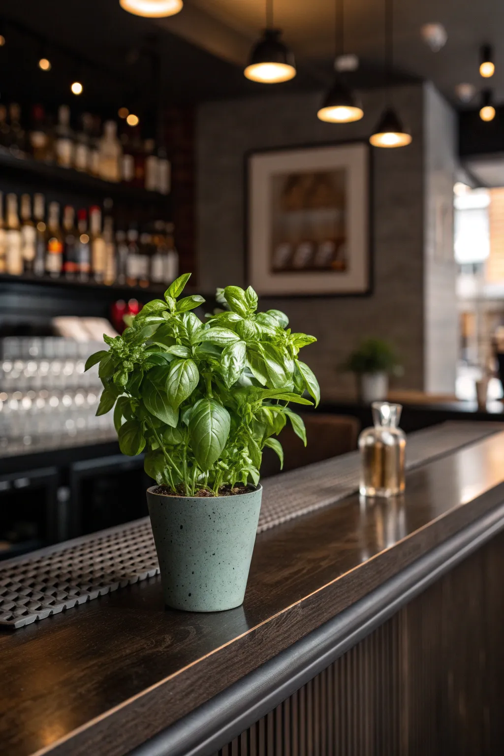 Enhance your bar area with vibrant greenery for a fresh and stylish touch.