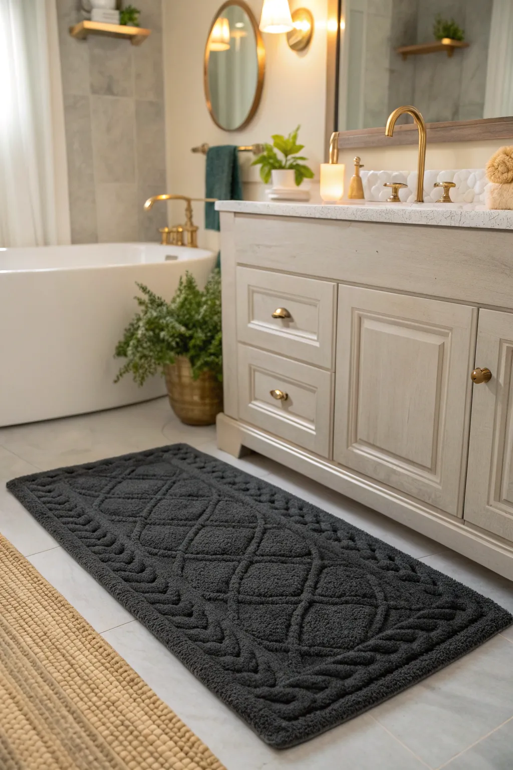 Dark rugs bring striking contrast and sophistication to a light bathroom.