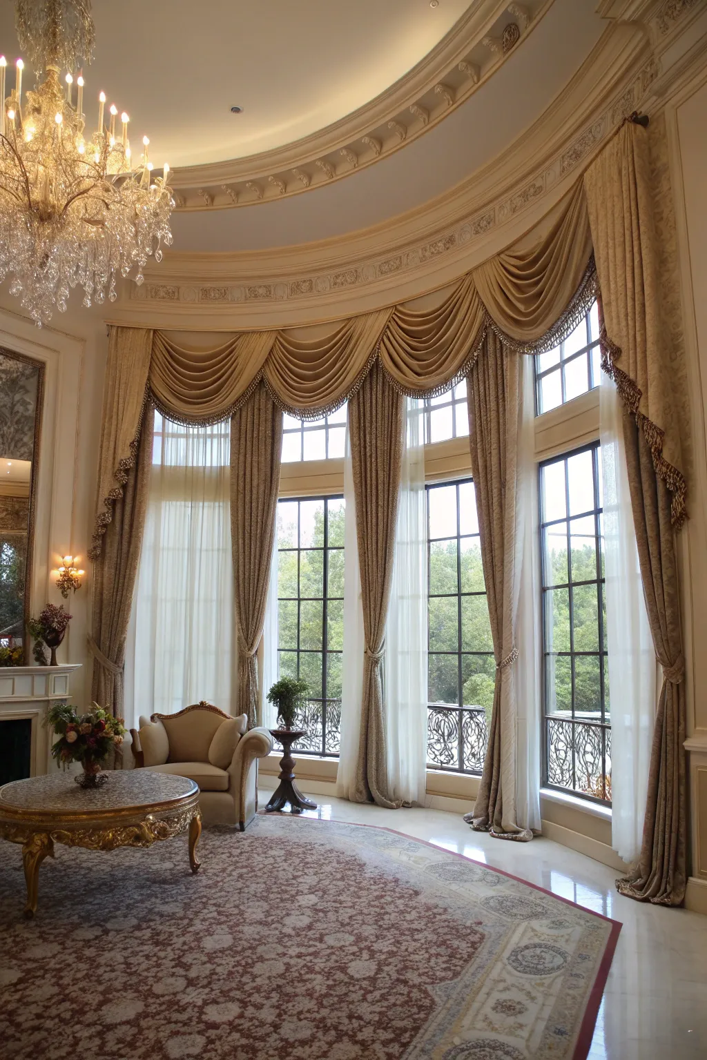 Dramatic floor-length valances in a grand formal living room.