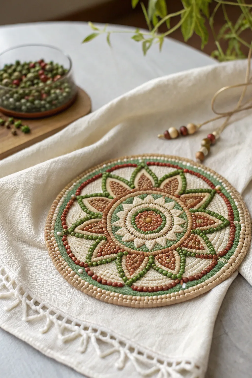 Discover the harmony of nature's hues with this beautifully crafted beaded medallion.