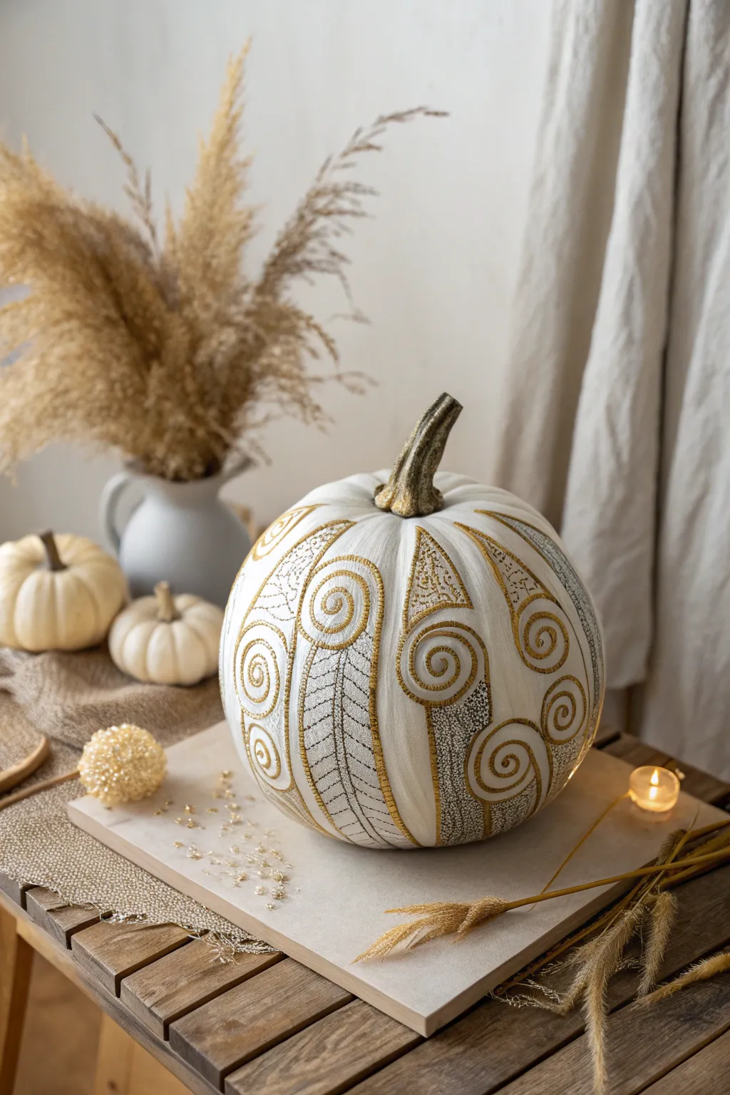 Enchant your autumn decor with whimsical swirls of gold and silver.