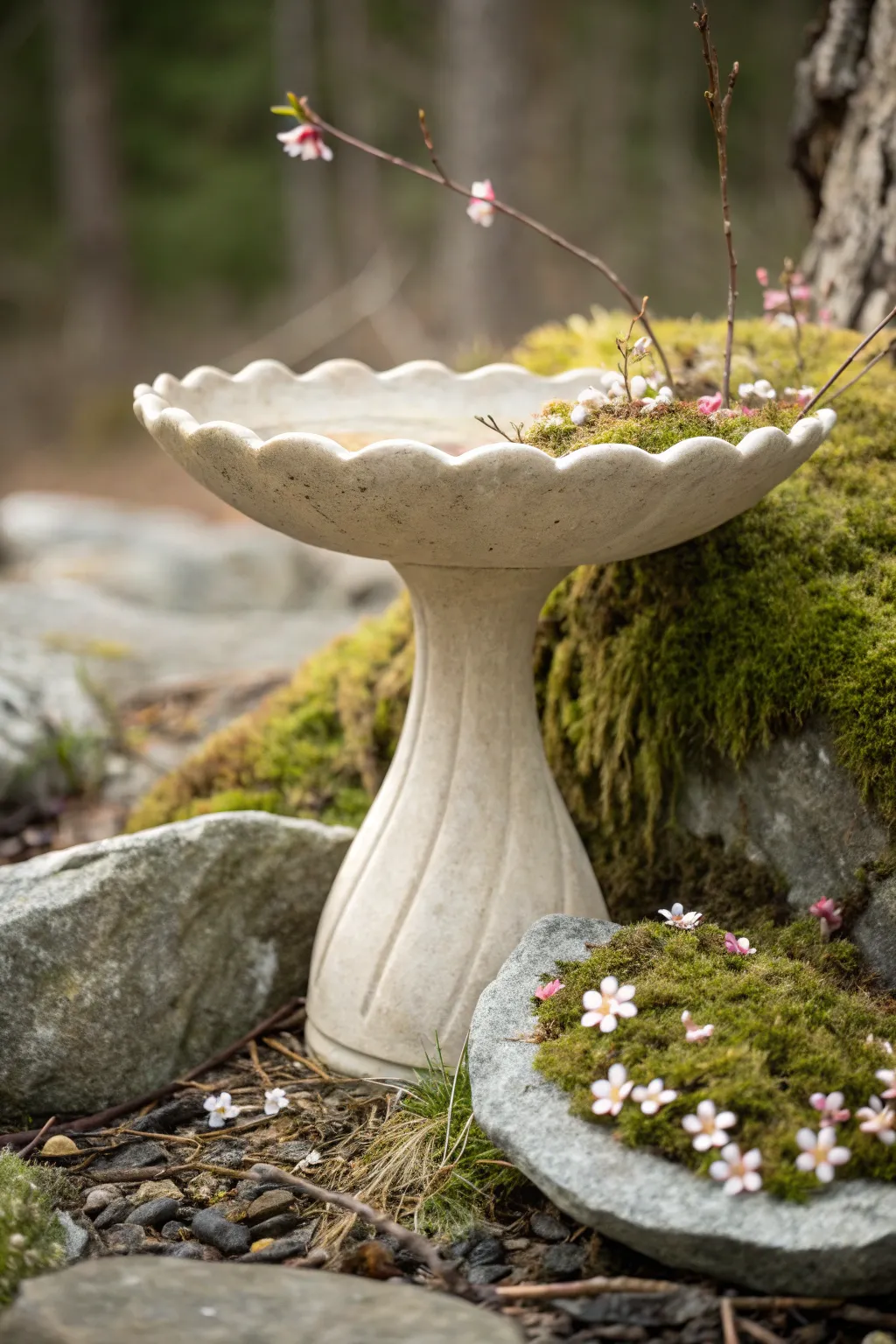 Embrace the seasons with a charming bird bath centerpiece that evolves with your fairy garden.