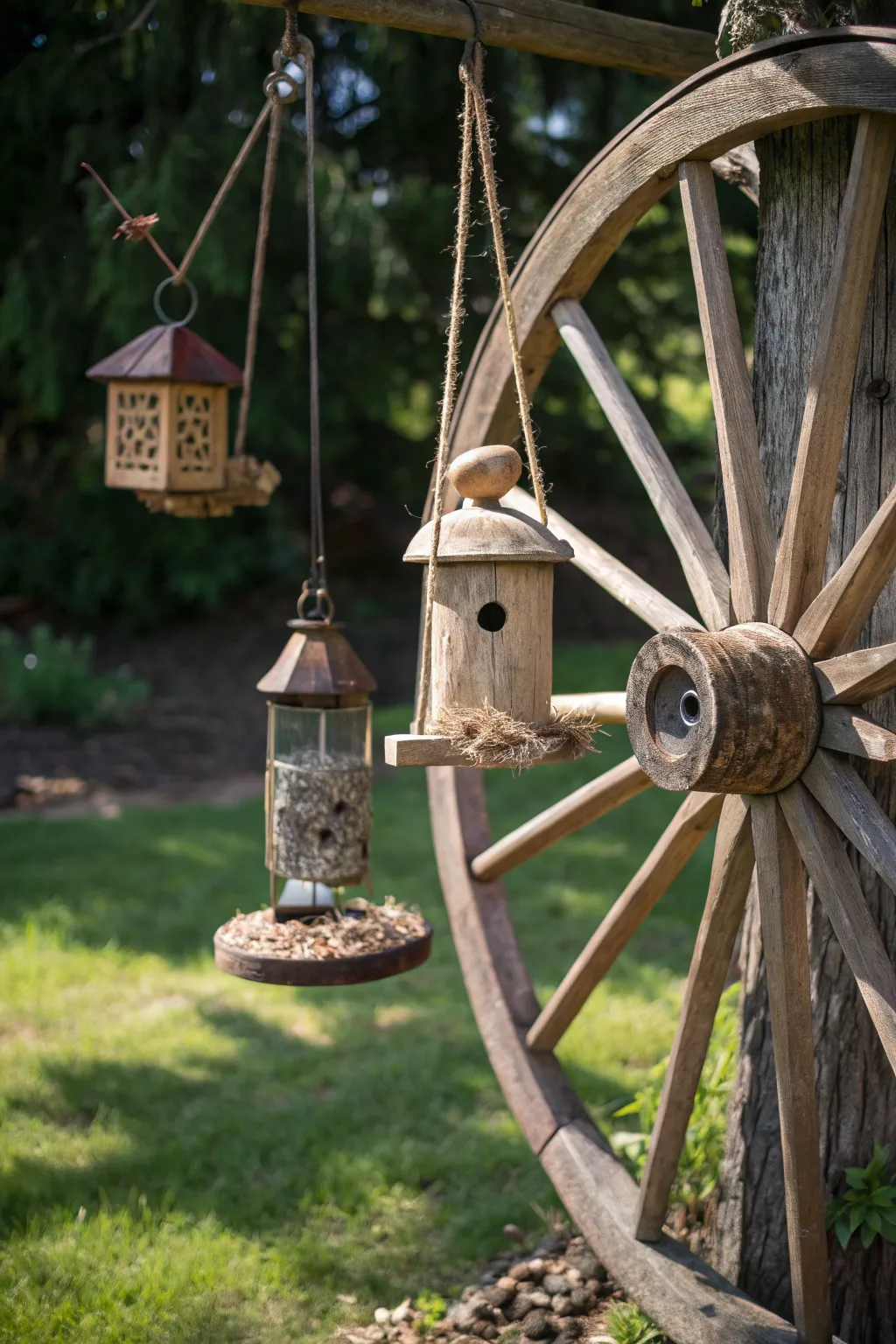 Transform your garden with a rustic yet elegant wagon wheel bird feeding station, where nature meets minimalist design.