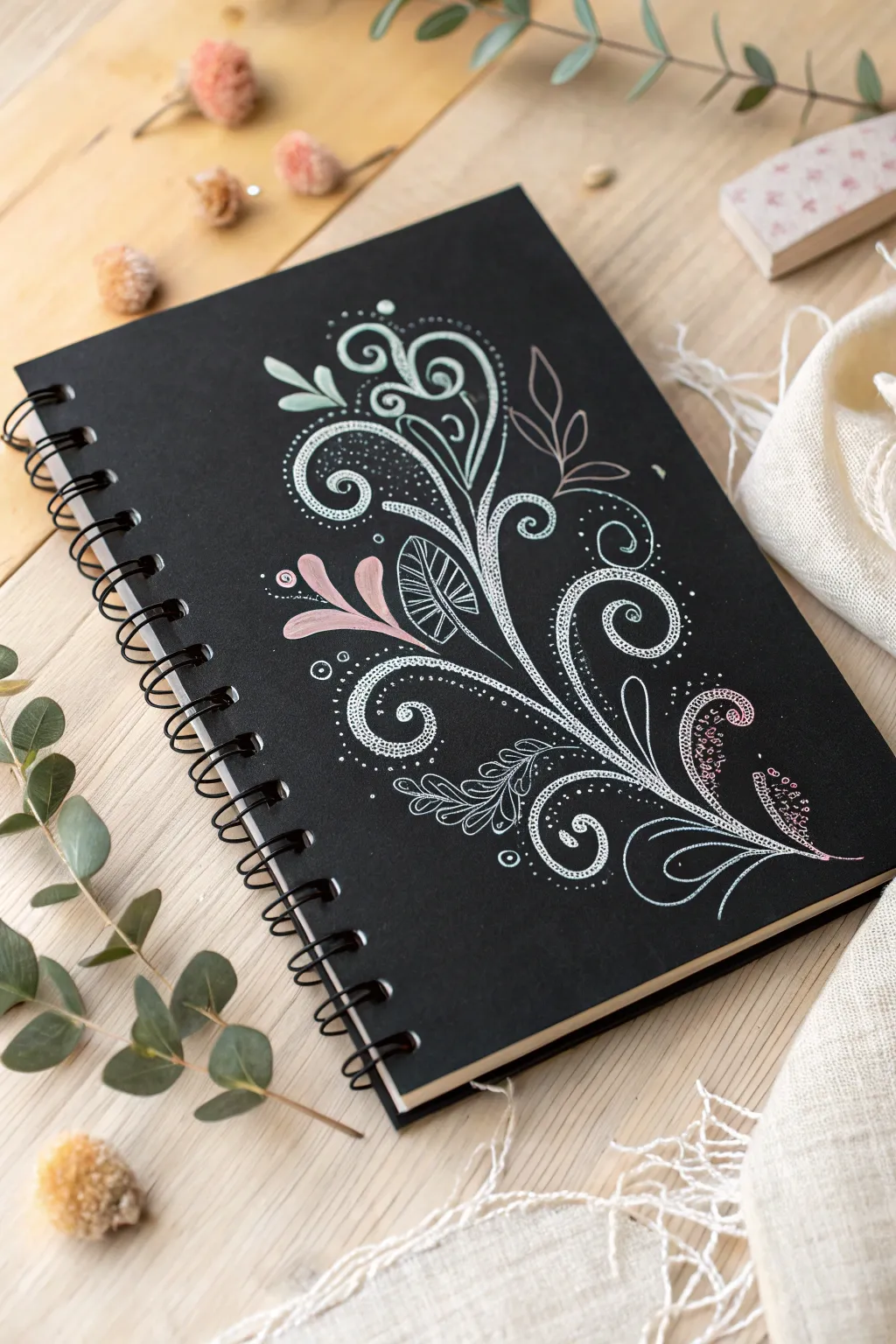 Unleash your creativity with erasable chalk art on striking black scrapbook pages!