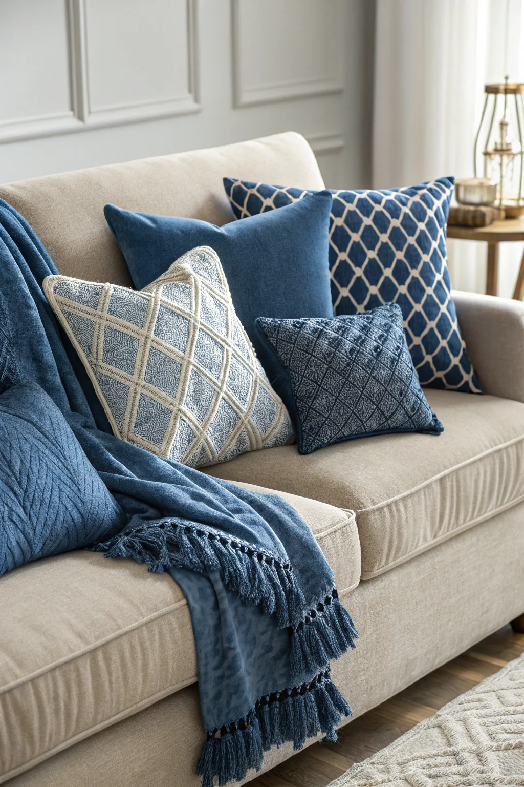 A variety of blue throw pillows for a fresh and inviting touch.