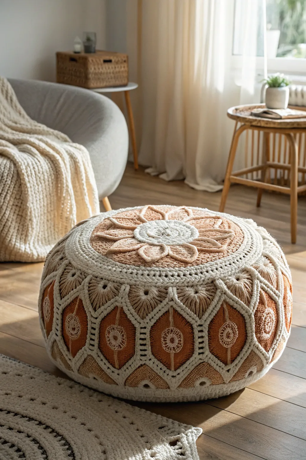 Embrace comfort and style with this beautifully crafted crochet floor pouf, perfect for any minimalist boho space.