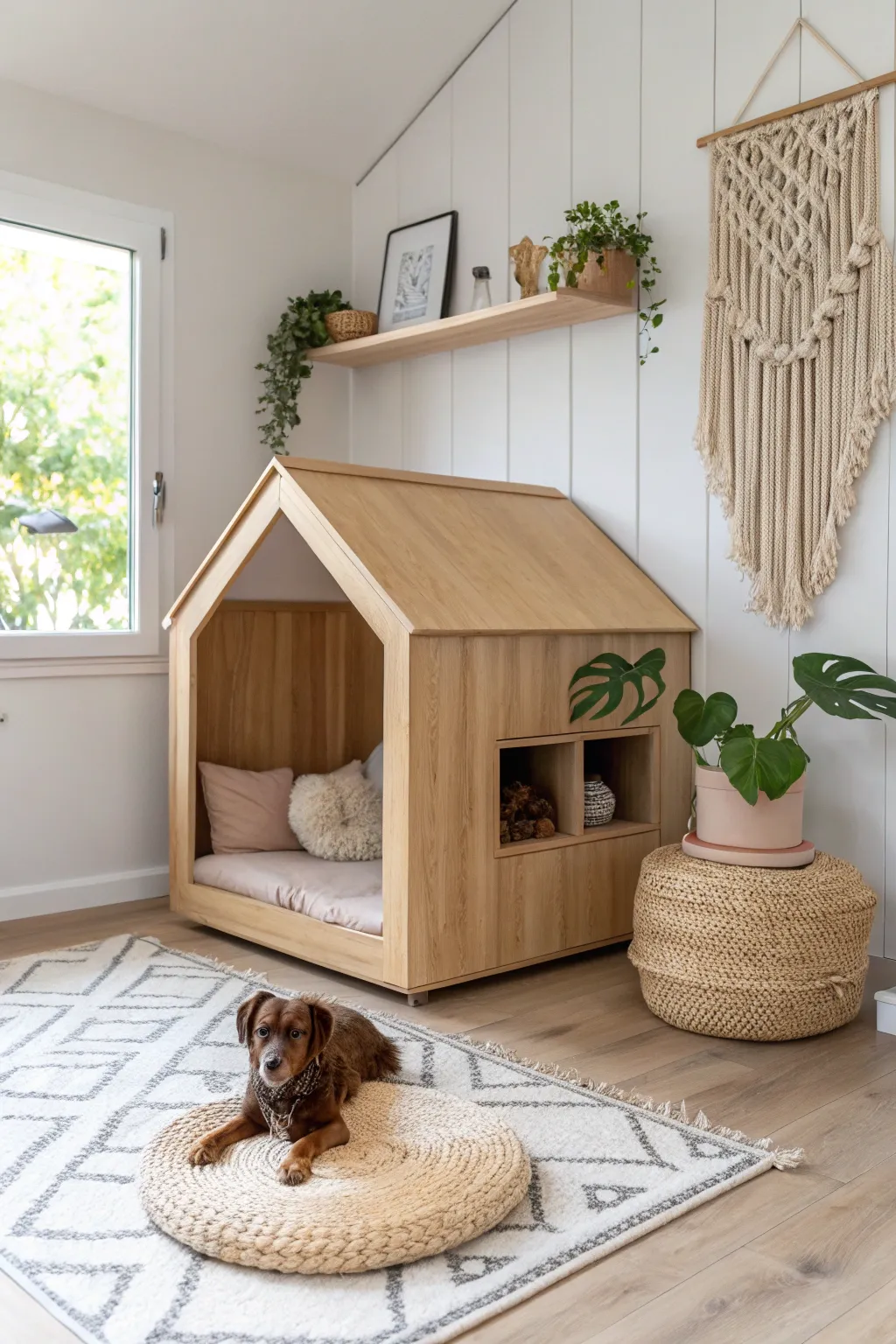 A serene playroom oasis: where style meets function in this chic built-in dog kennel.